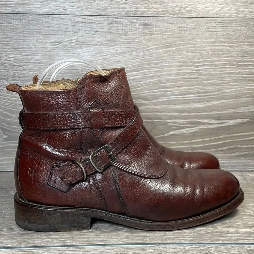 Frye Jayden Cross Strap Dark Brown Leather Women’s Sz 6B Side Zip Ankle Boots
